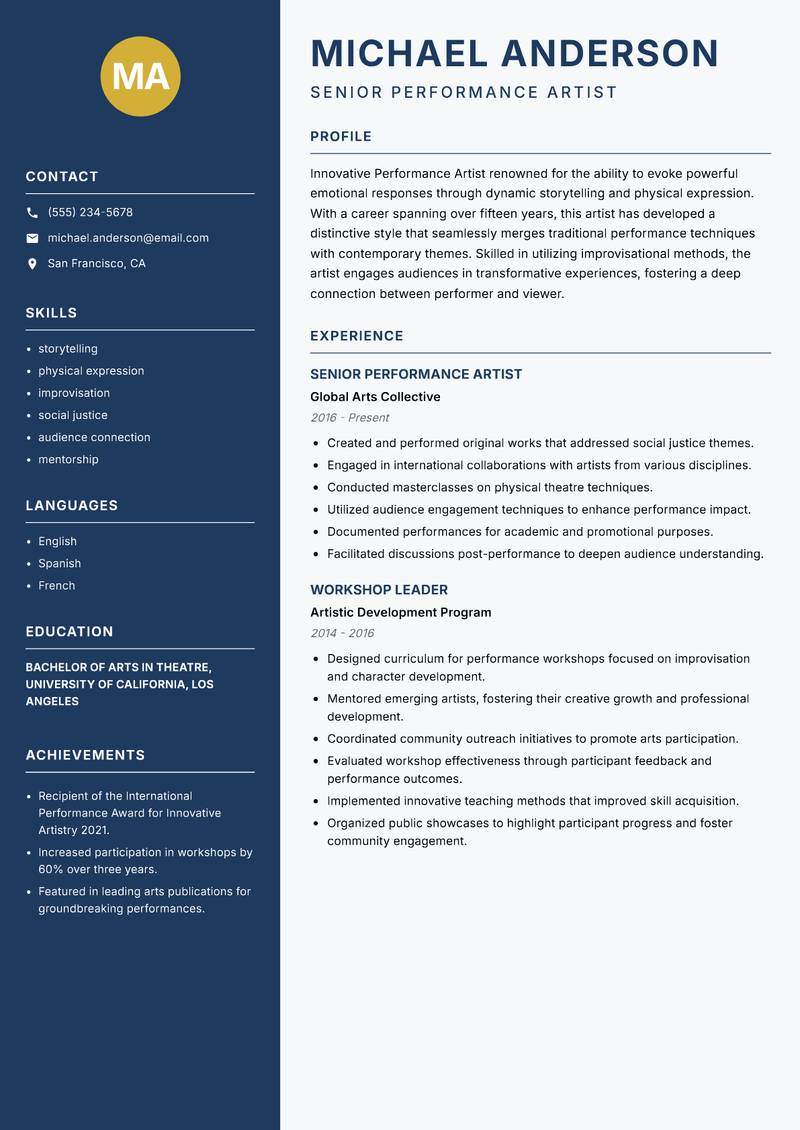 Performance Artist resume template — Classic Clean