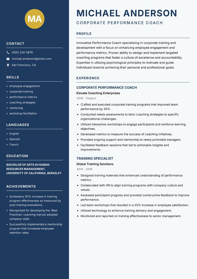 Performance Coach resume template — Classic Clean