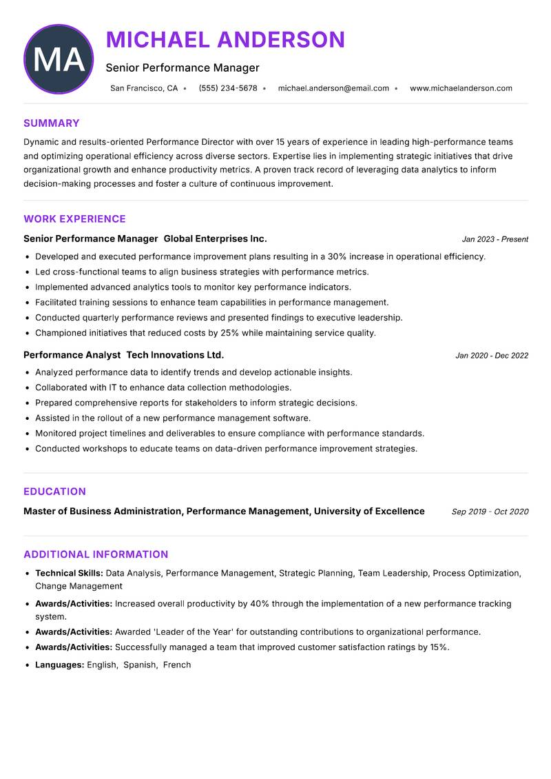Performance Director resume example — ATS-friendly template