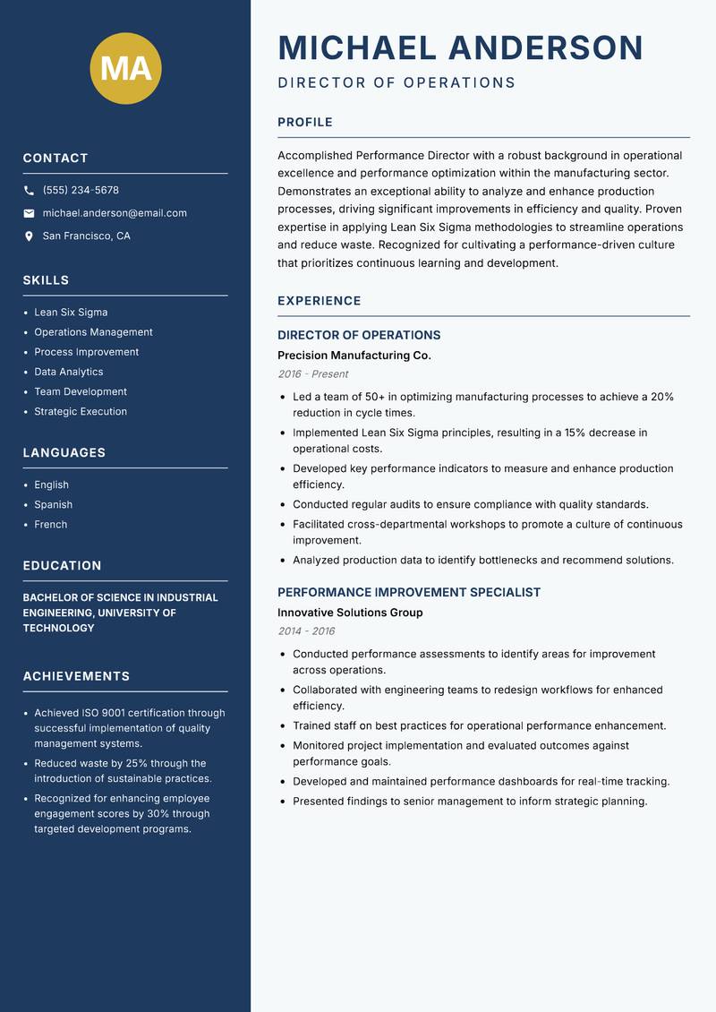 Performance Director resume template — Classic Clean