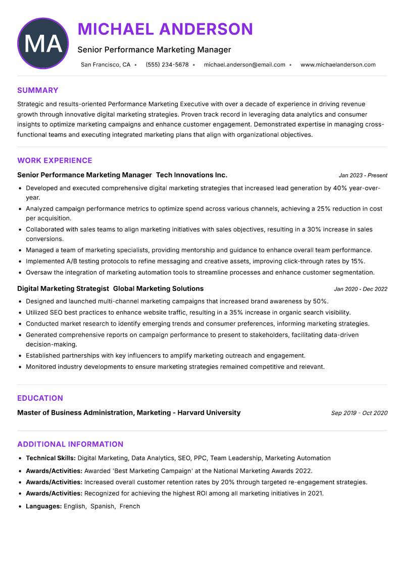 Performance Marketing Executive resume example — ATS-friendly template