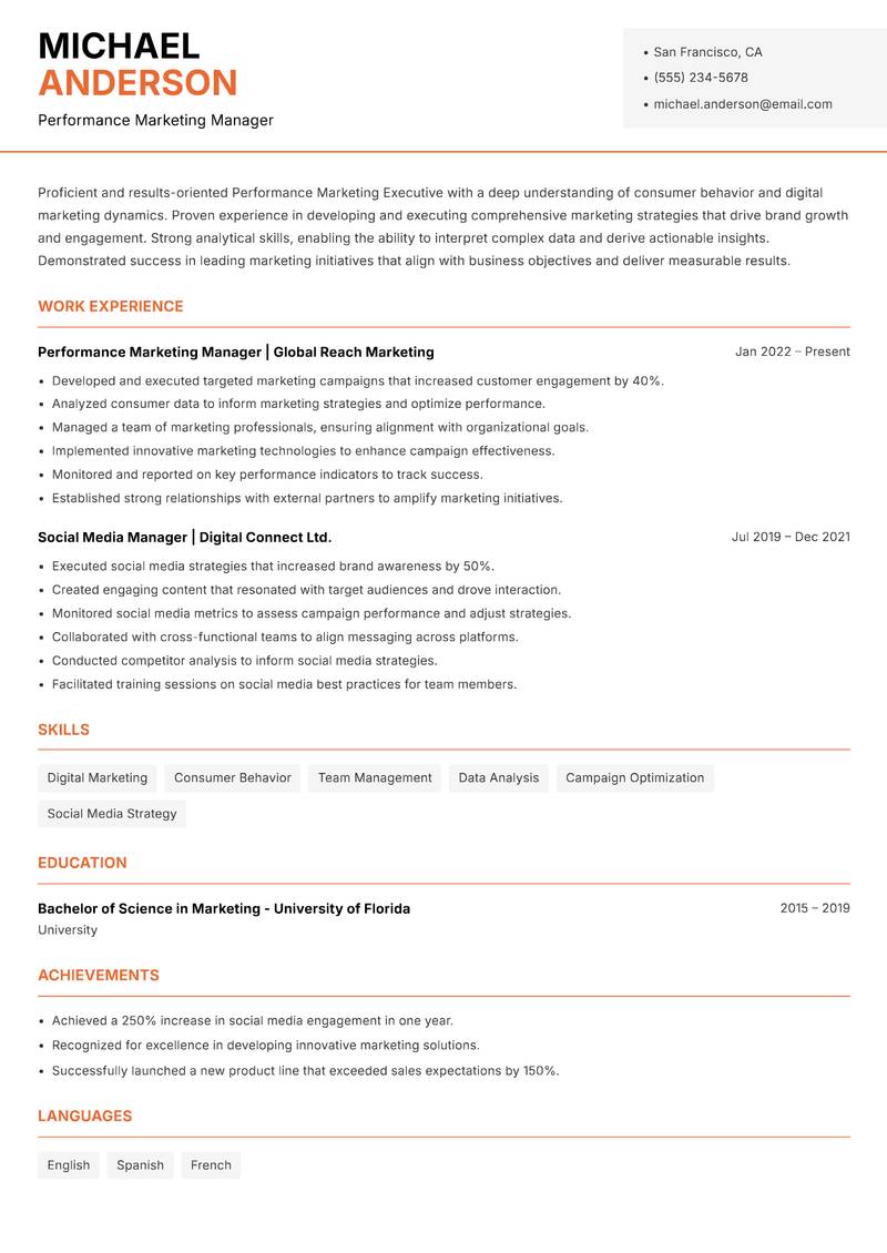 Performance Marketing Executive resume template — Modern Professional