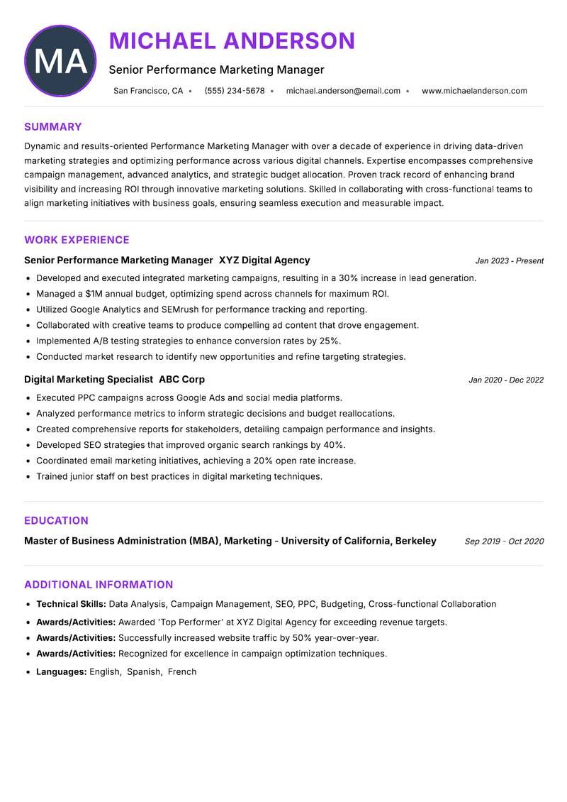 Performance Marketing Manager resume example — ATS-friendly template