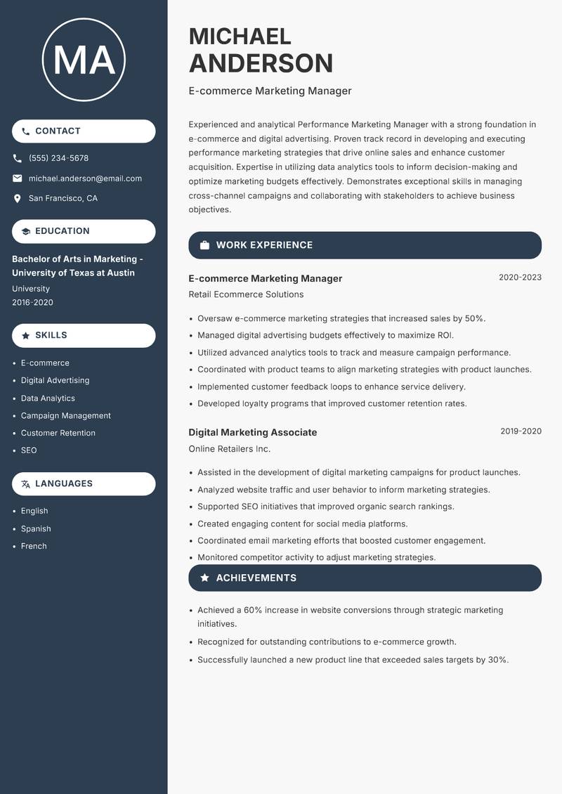Performance Marketing Manager resume template — Compact