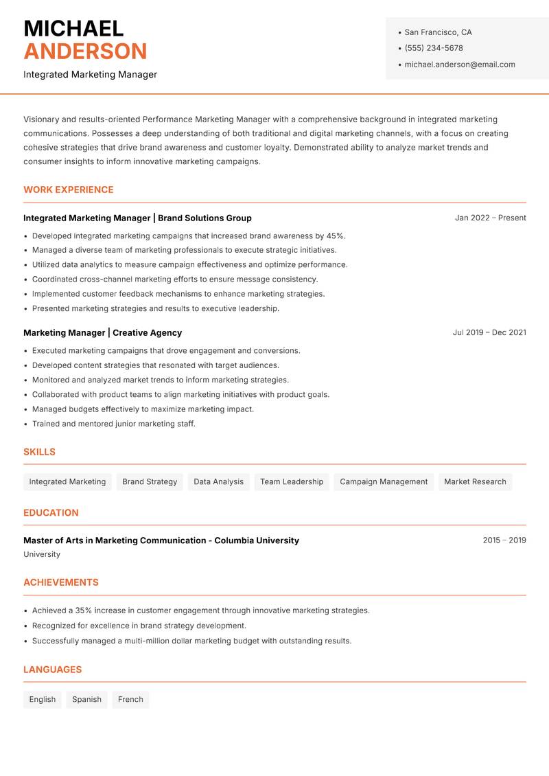 Performance Marketing Manager resume template — Modern Professional