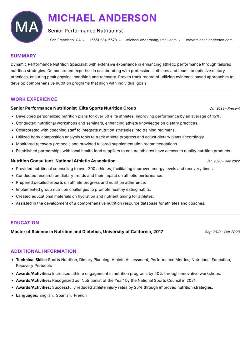 Performance Nutrition Specialist resume example — ATS-friendly template