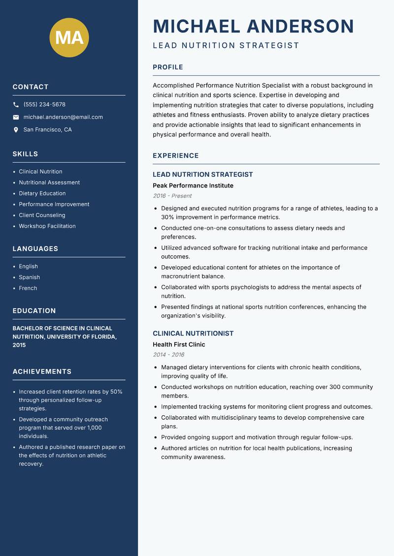 Performance Nutrition Specialist resume template — Classic Clean