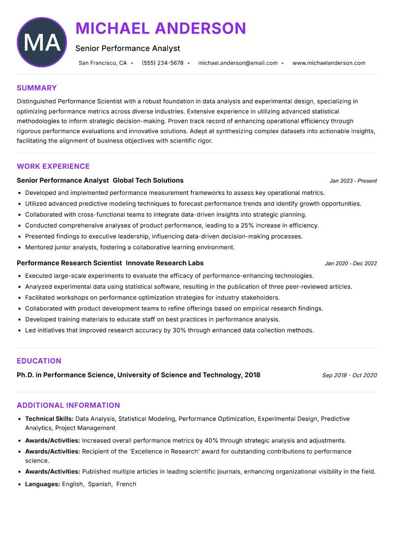 Performance Scientist resume example — ATS-friendly template