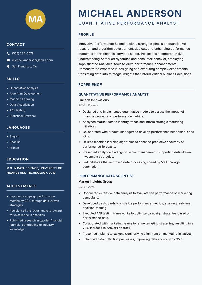 Performance Scientist resume template — Classic Clean