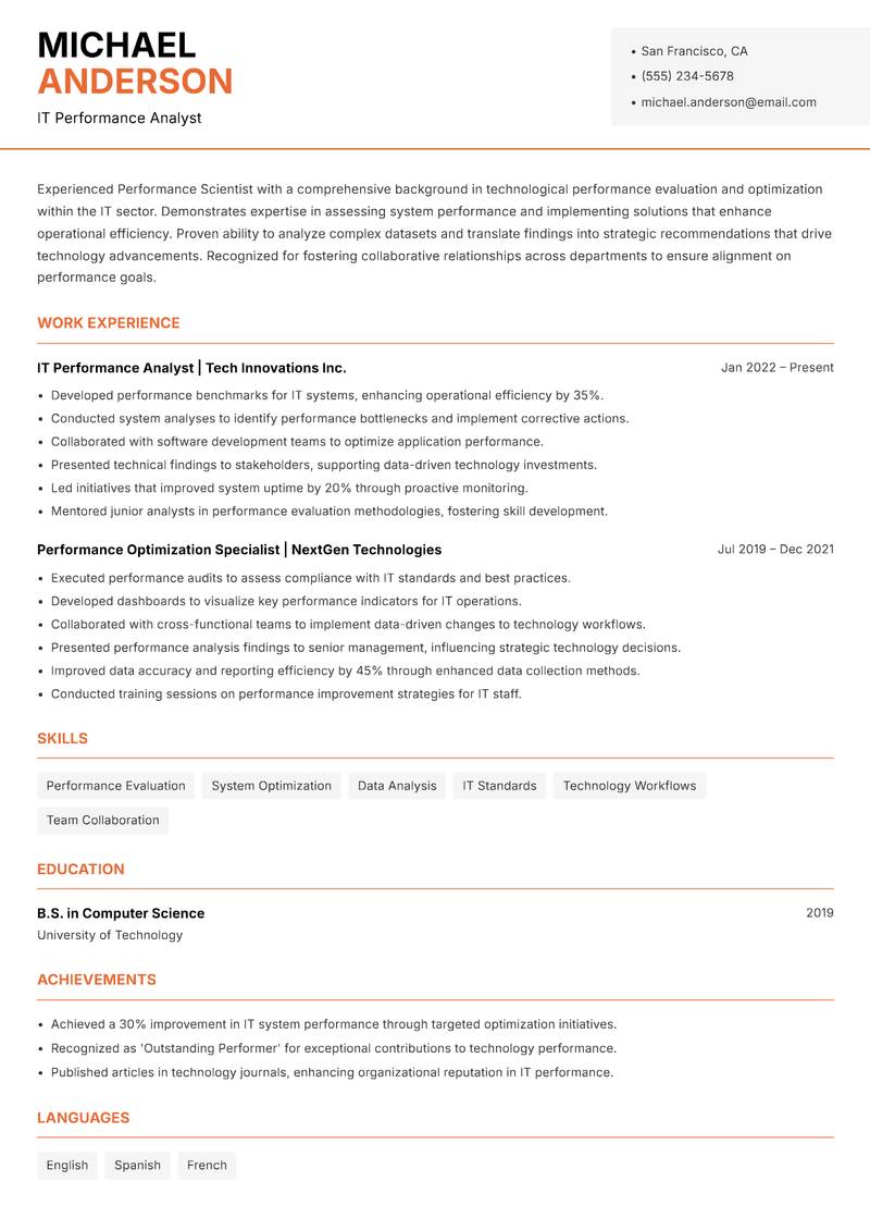 Performance Scientist resume template — Modern Professional