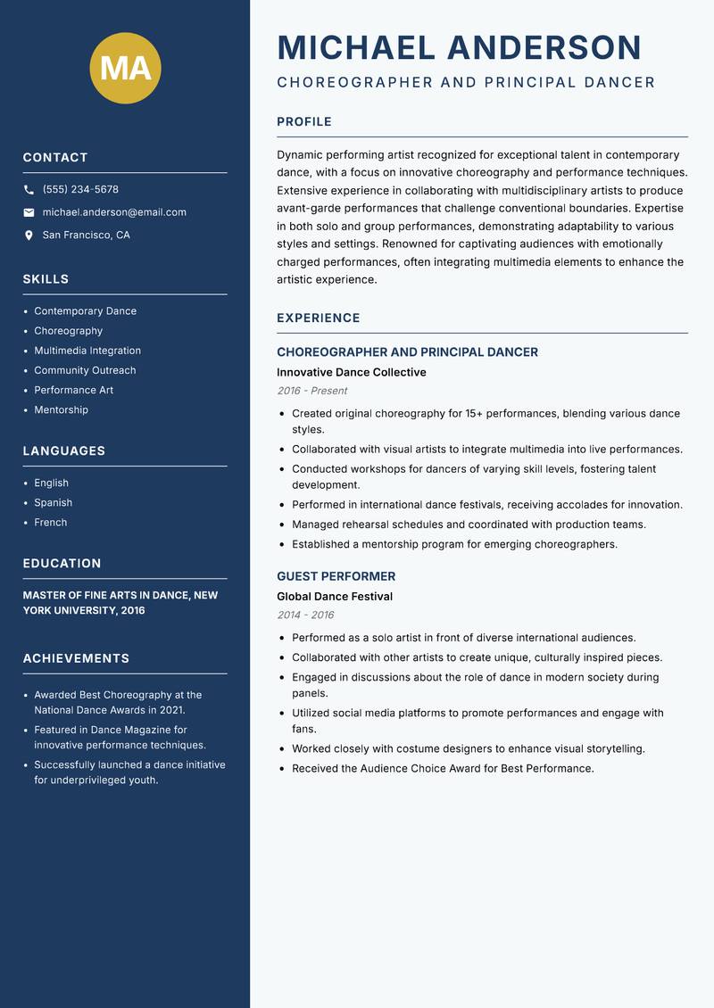 Performing Artist resume template — Classic Clean
