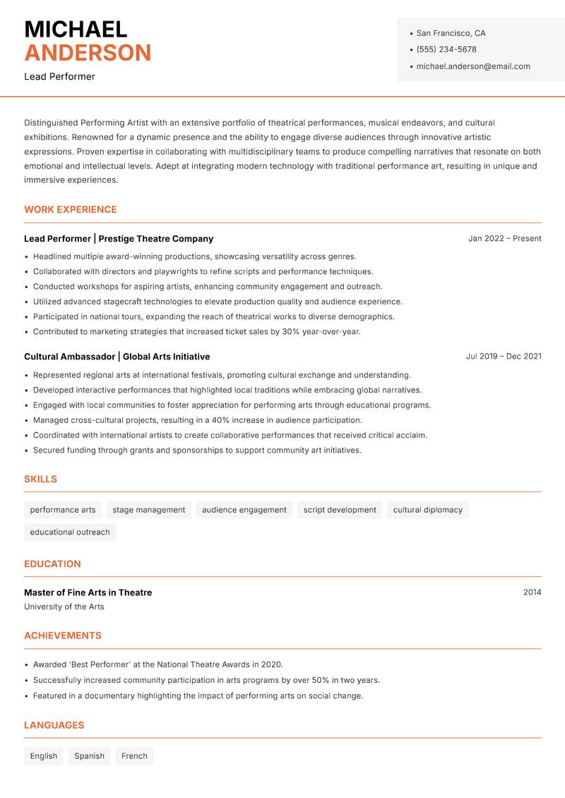 Performing Artist resume template — Modern Professional