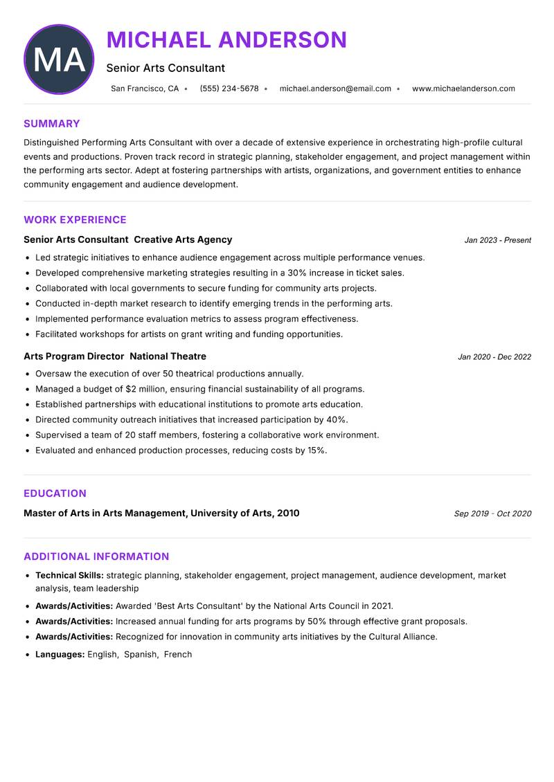 Performing Arts Consultant resume example — ATS-friendly template