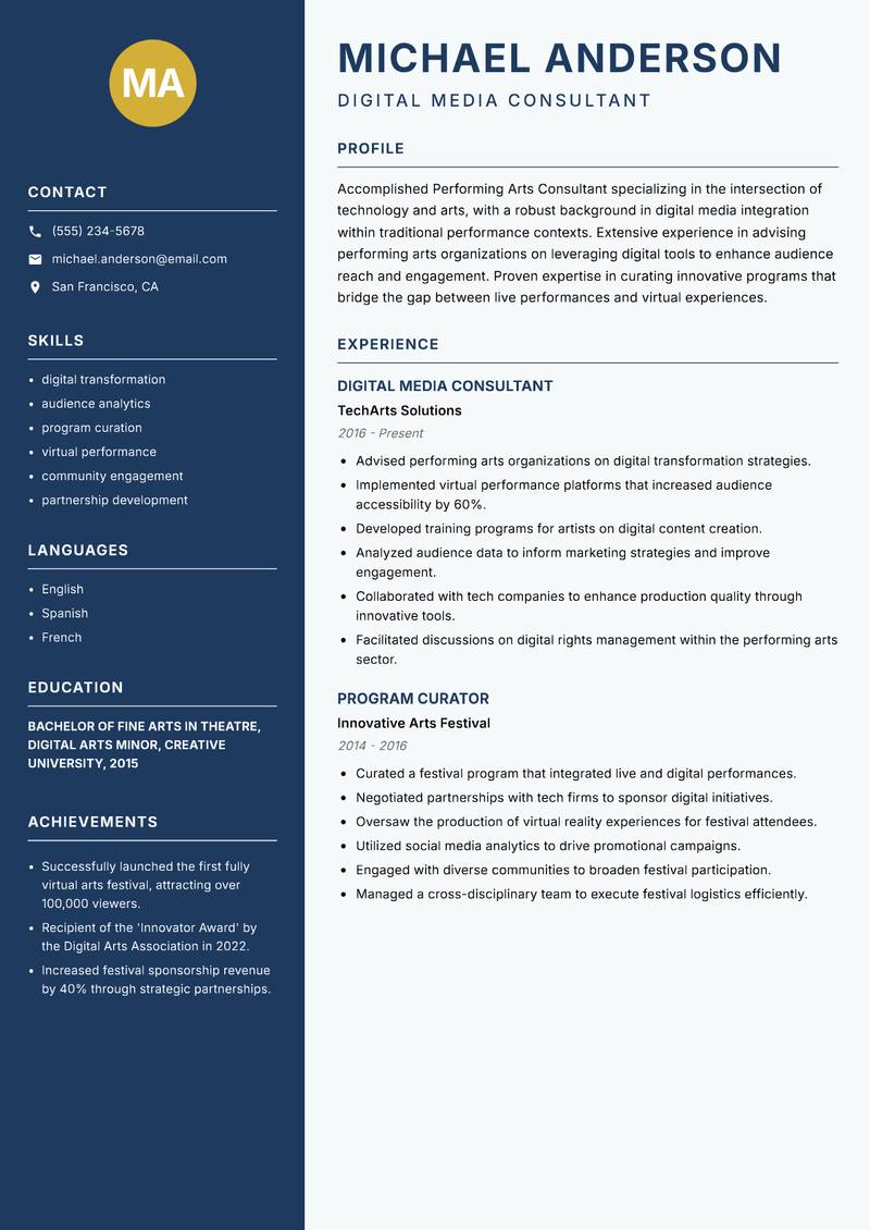 Performing Arts Consultant resume template — Classic Clean