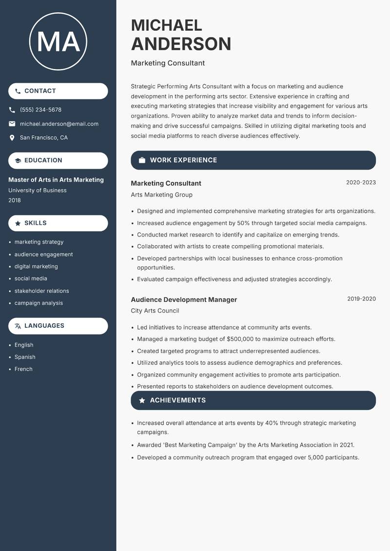Performing Arts Consultant resume template — Compact