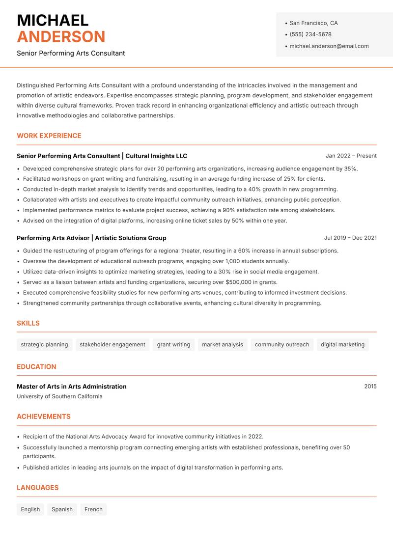 Performing Arts Consultant resume template — Modern Professional