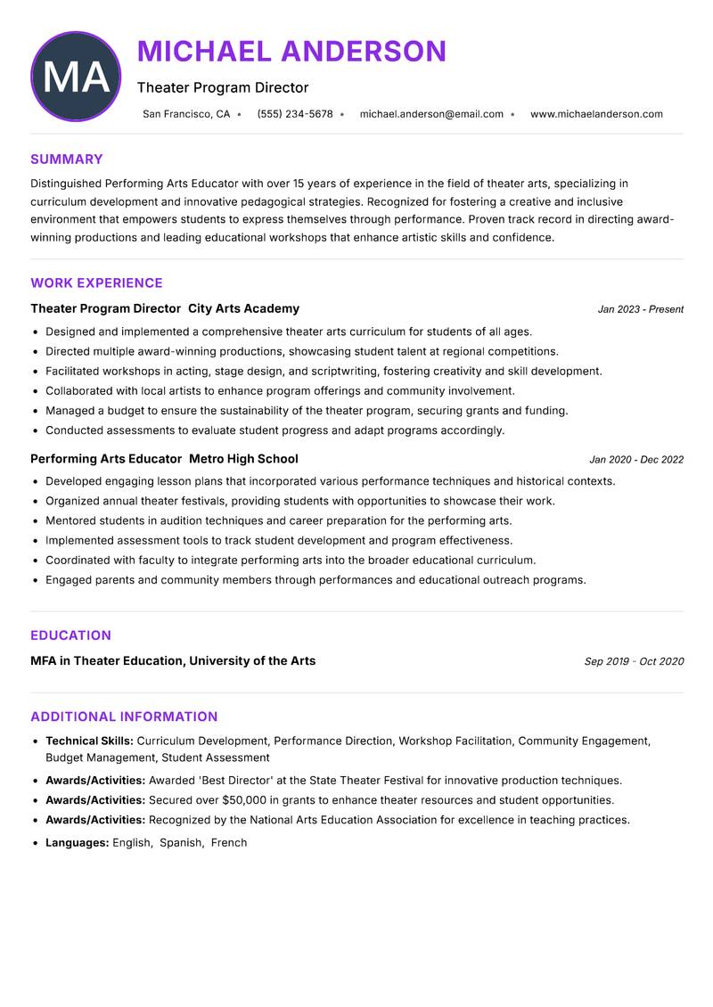 Performing Arts Educator resume example — ATS-friendly template