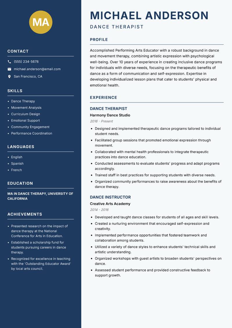 Performing Arts Educator resume template — Classic Clean