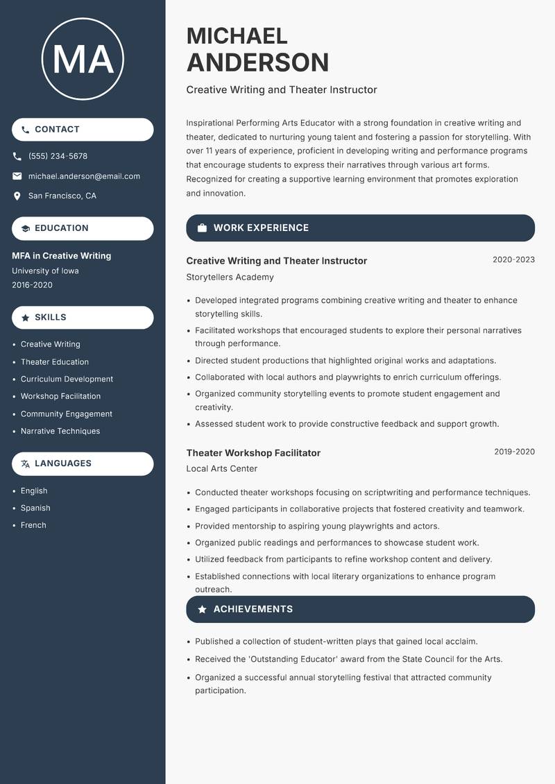 Performing Arts Educator resume template — Compact