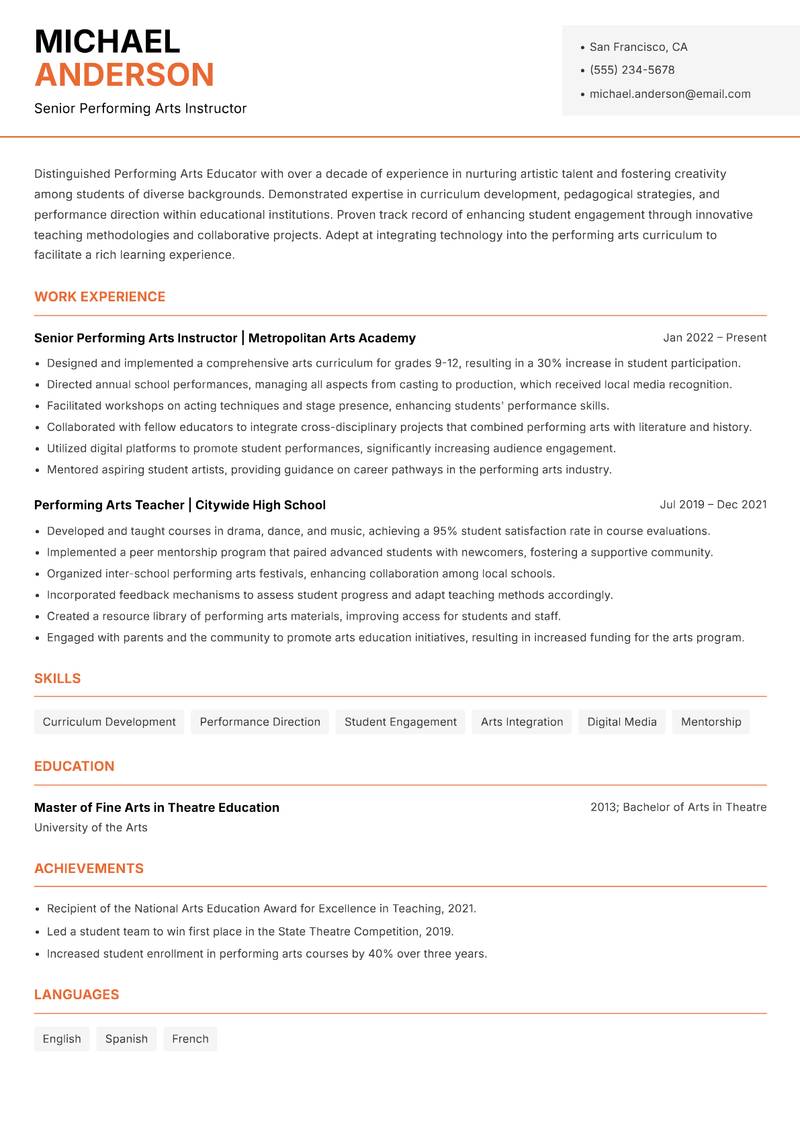 Performing Arts Educator resume template — Modern Professional