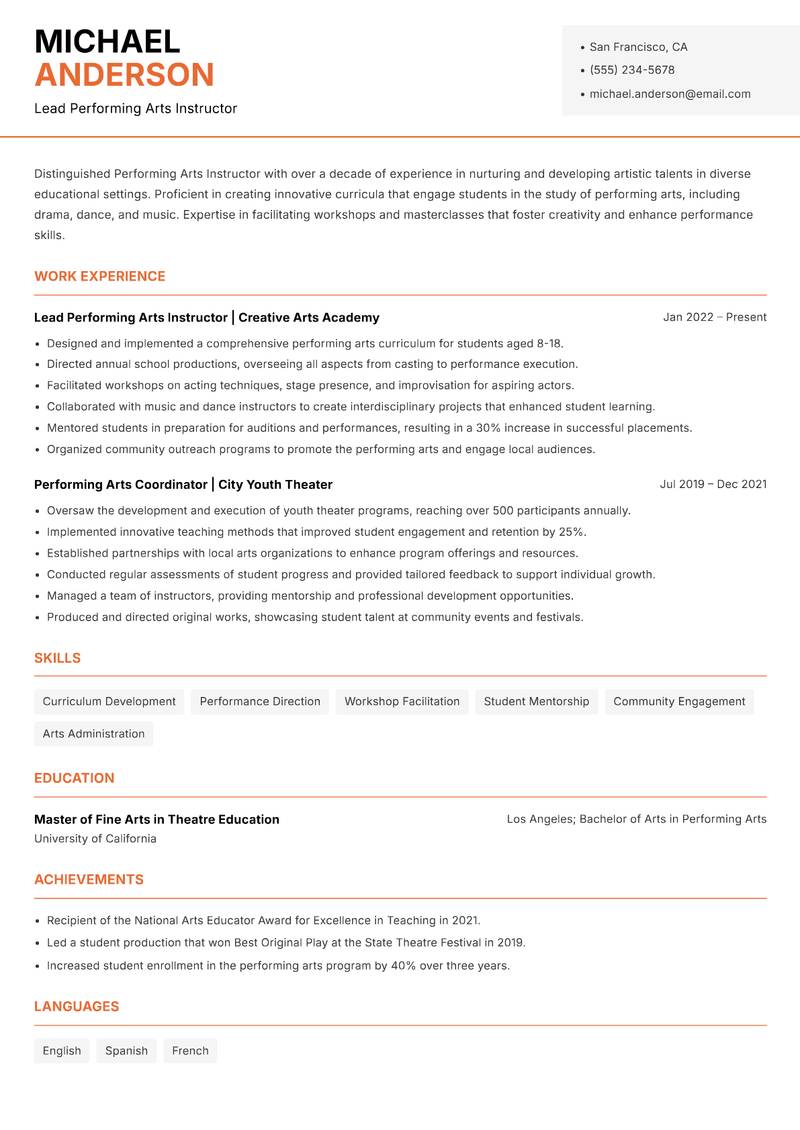 Performing Arts Instructor resume template — Modern Professional