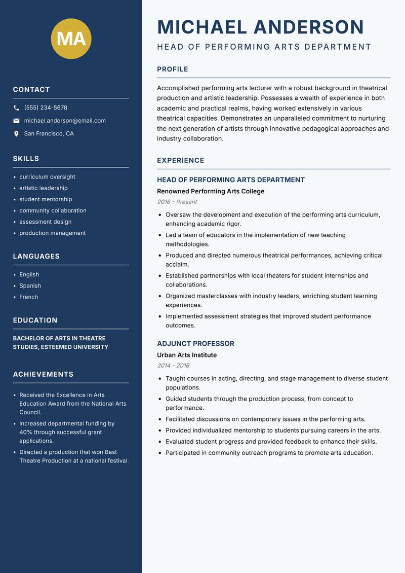 Performing Arts Lecturer resume template — Classic Clean