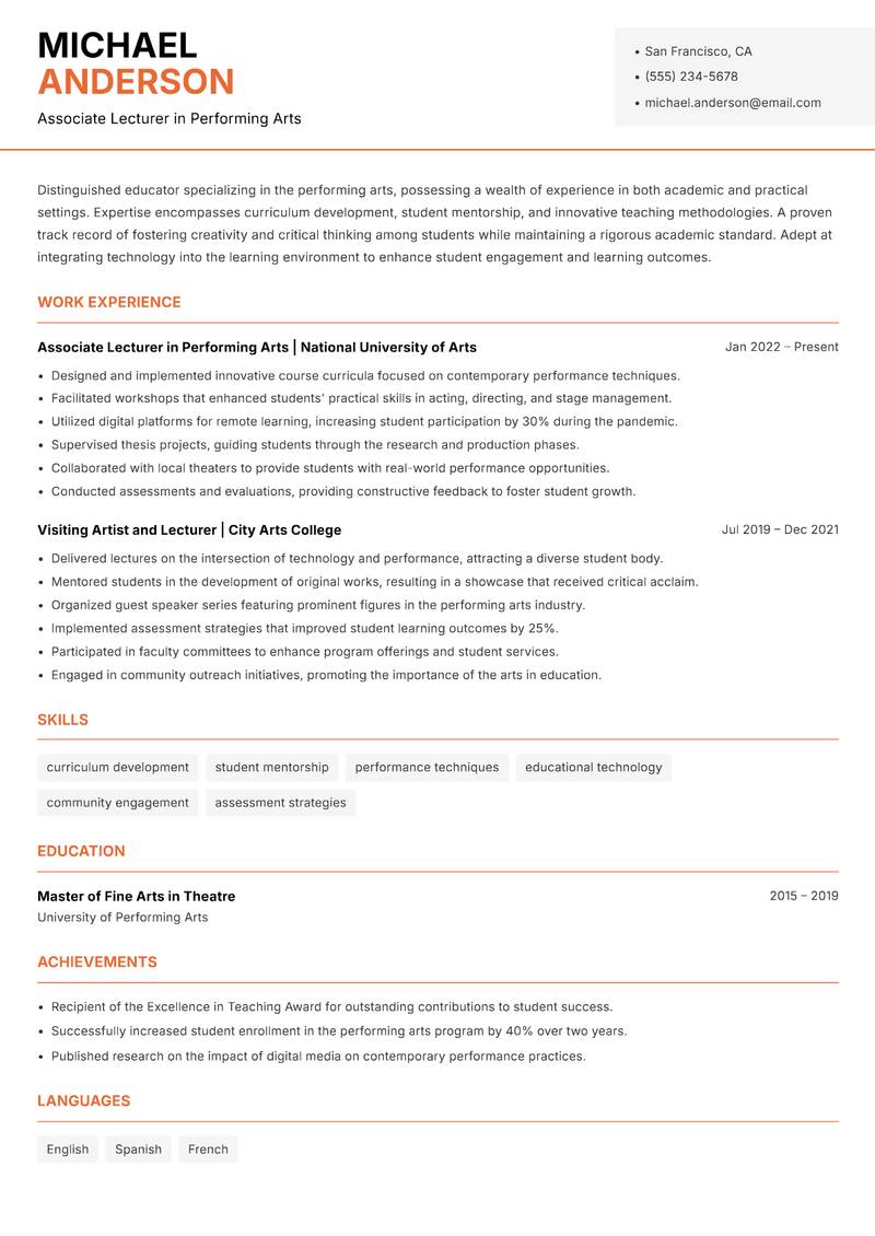 Performing Arts Lecturer resume template — Modern Professional