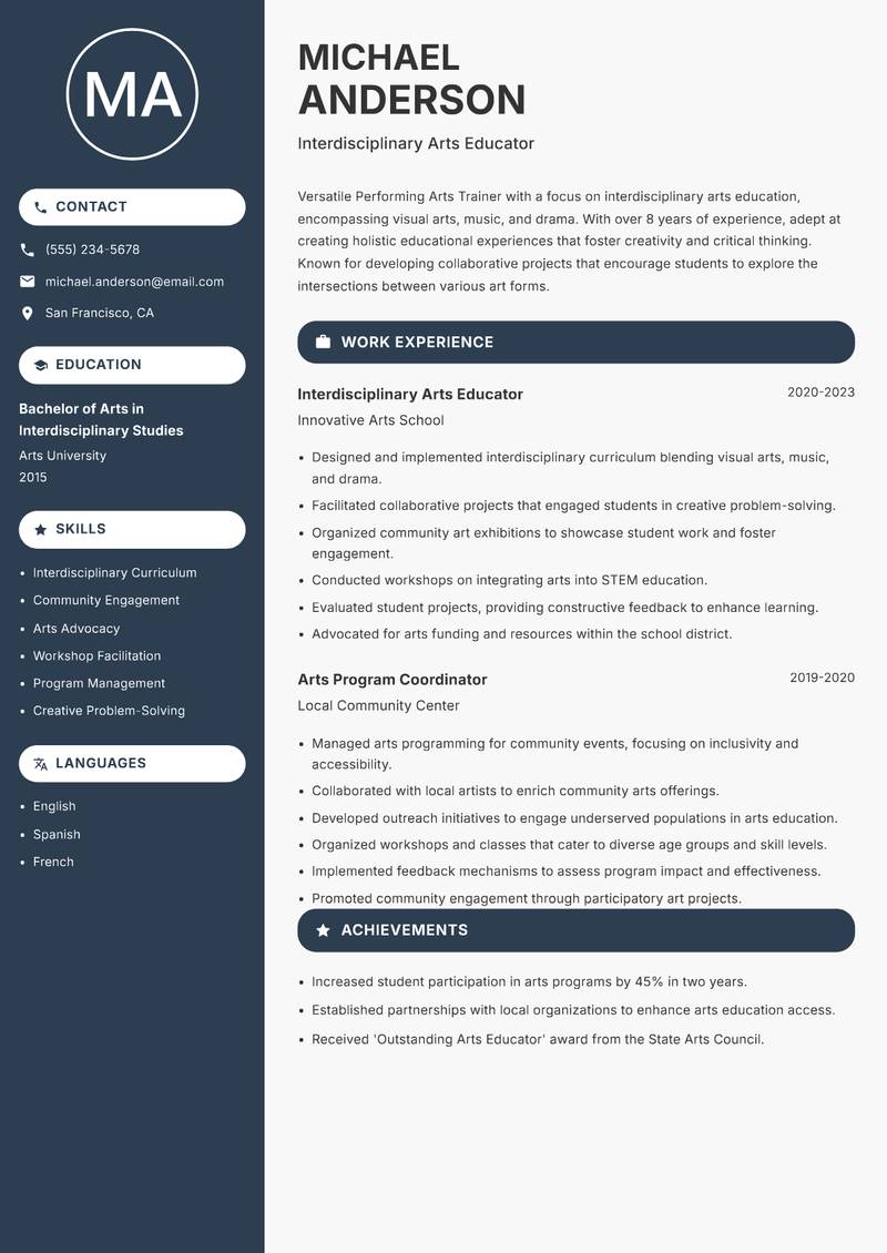 Performing Arts Trainer resume template — Compact