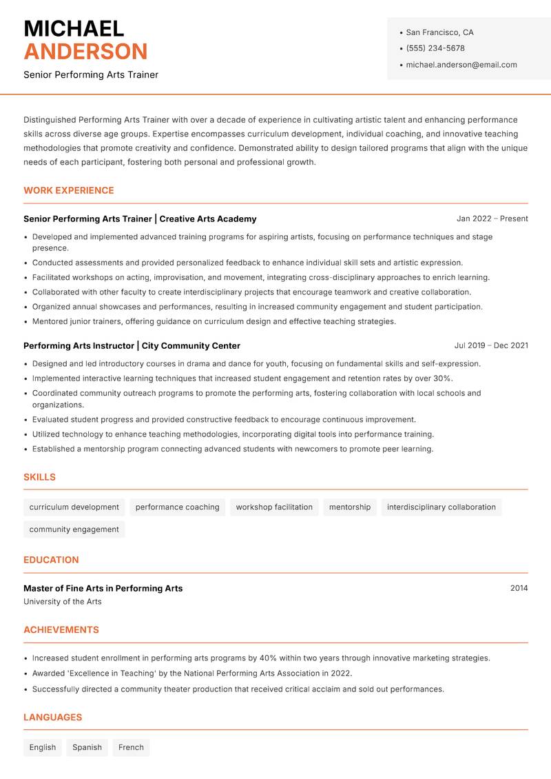 Performing Arts Trainer resume template — Modern Professional