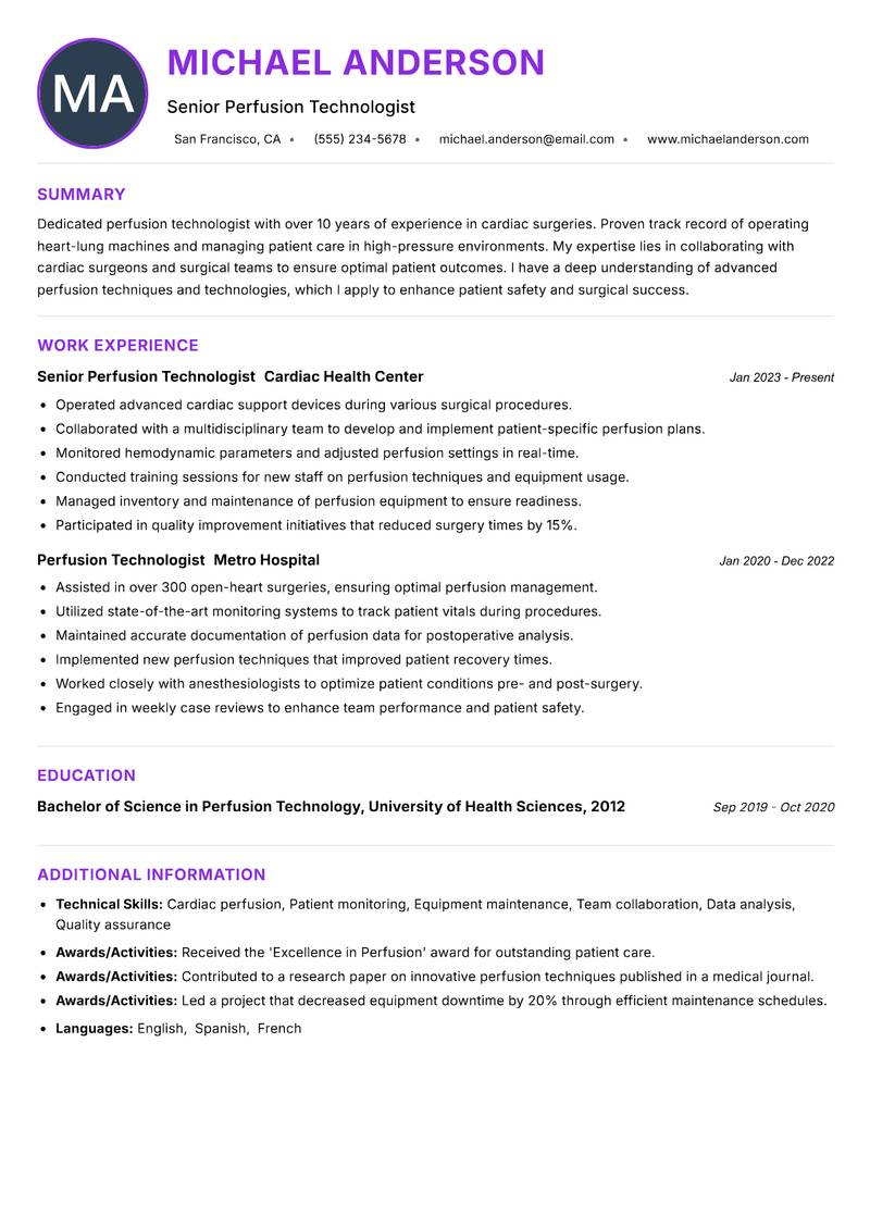 Perfusion Technologist resume example — ATS-friendly template
