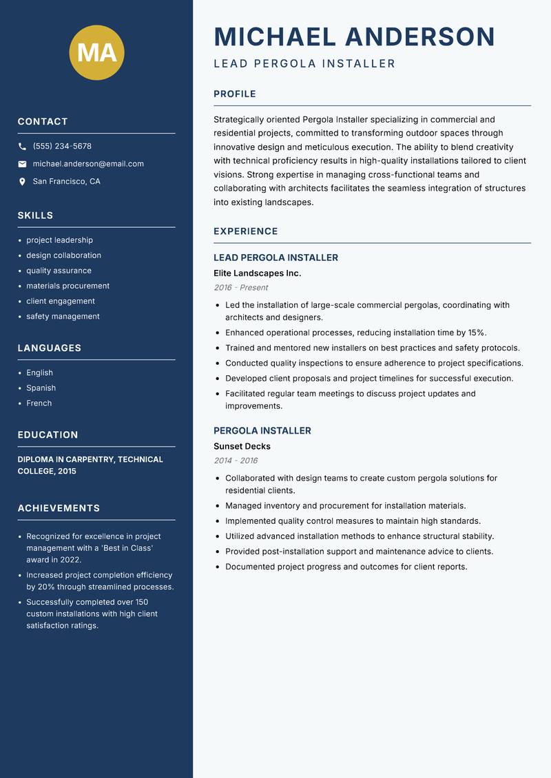 Pergola Installer resume template — Classic Clean