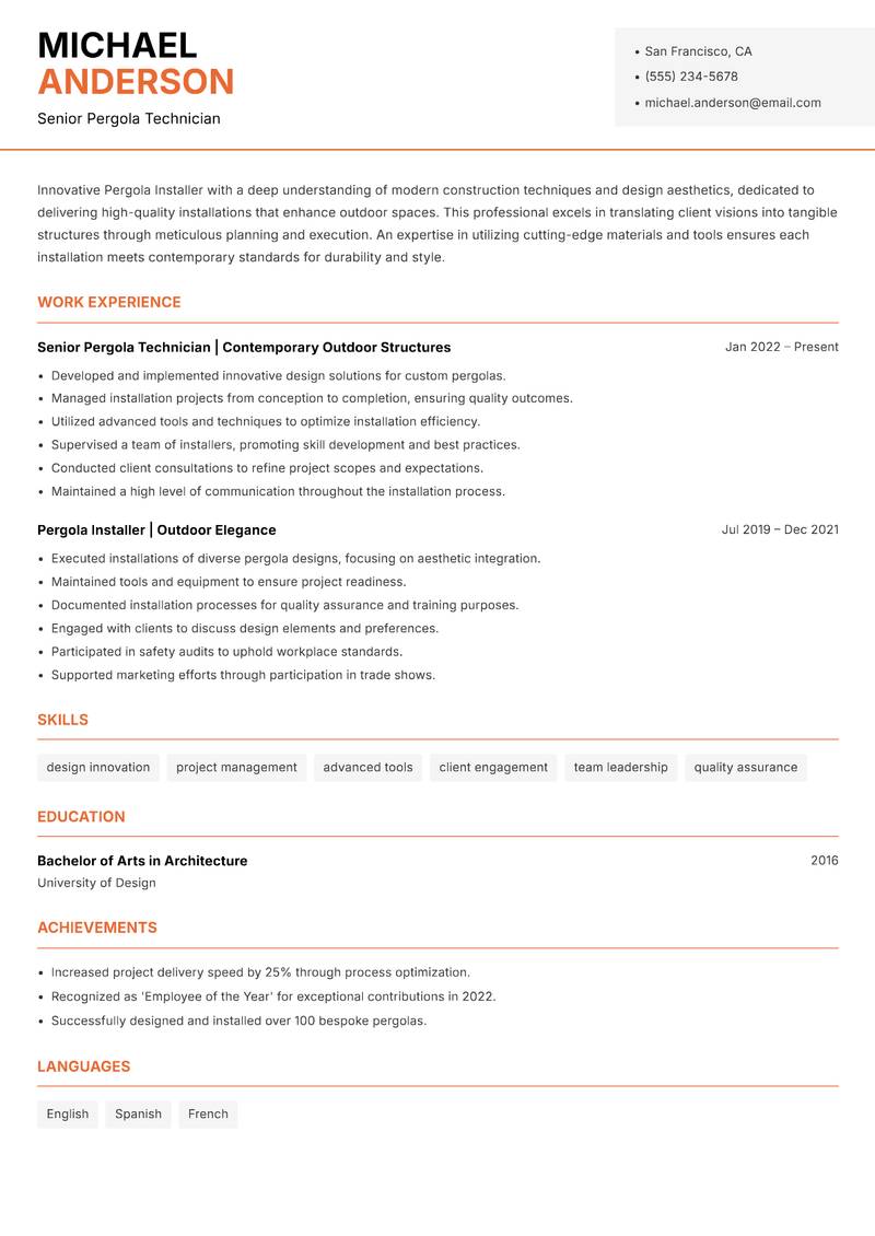 Pergola Installer resume template — Modern Professional