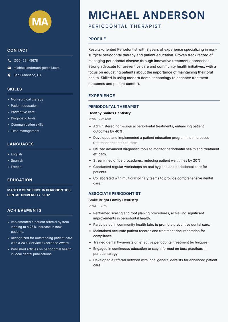 Periodontist resume template — Classic Clean
