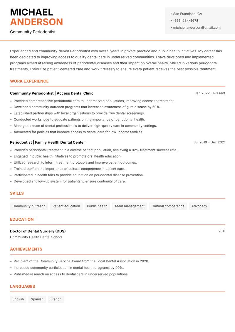 Periodontist resume template — Modern Professional