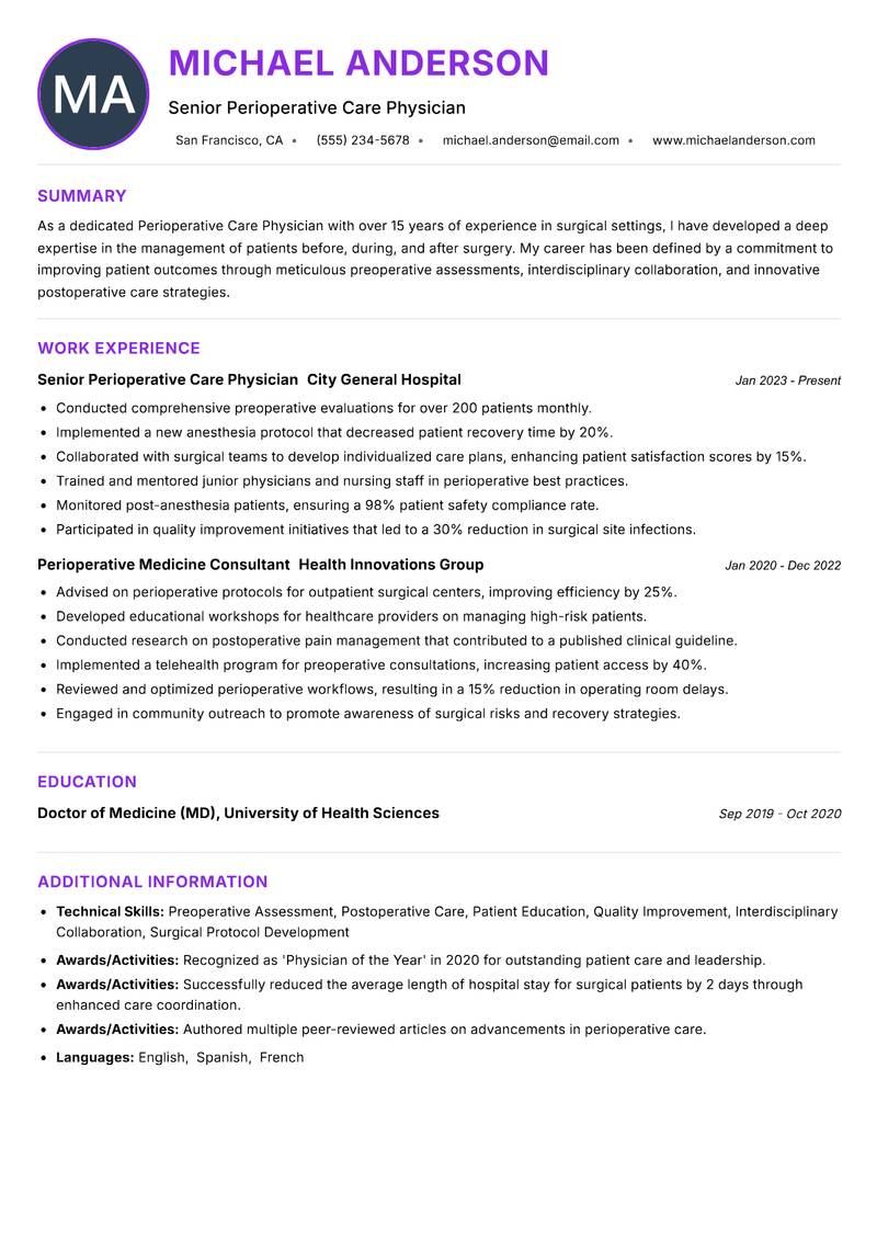 Perioperative Care Physician resume example — ATS-friendly template