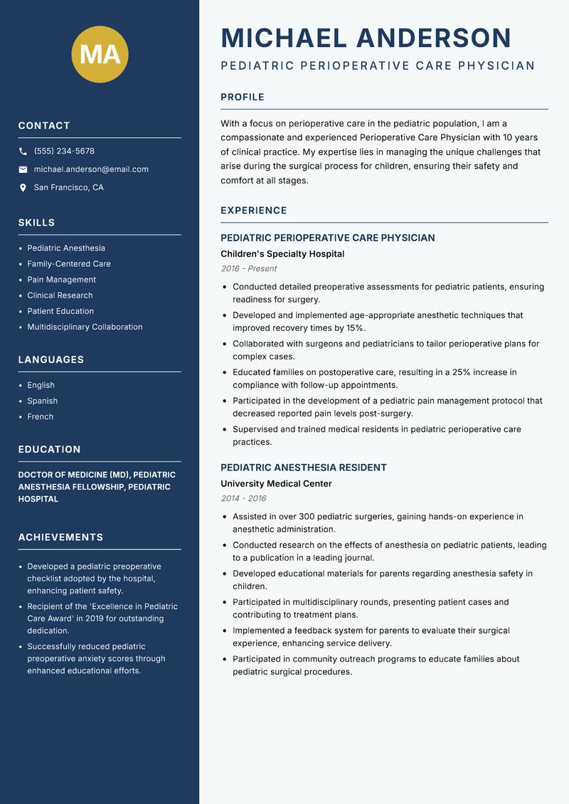 Perioperative Care Physician resume template — Classic Clean