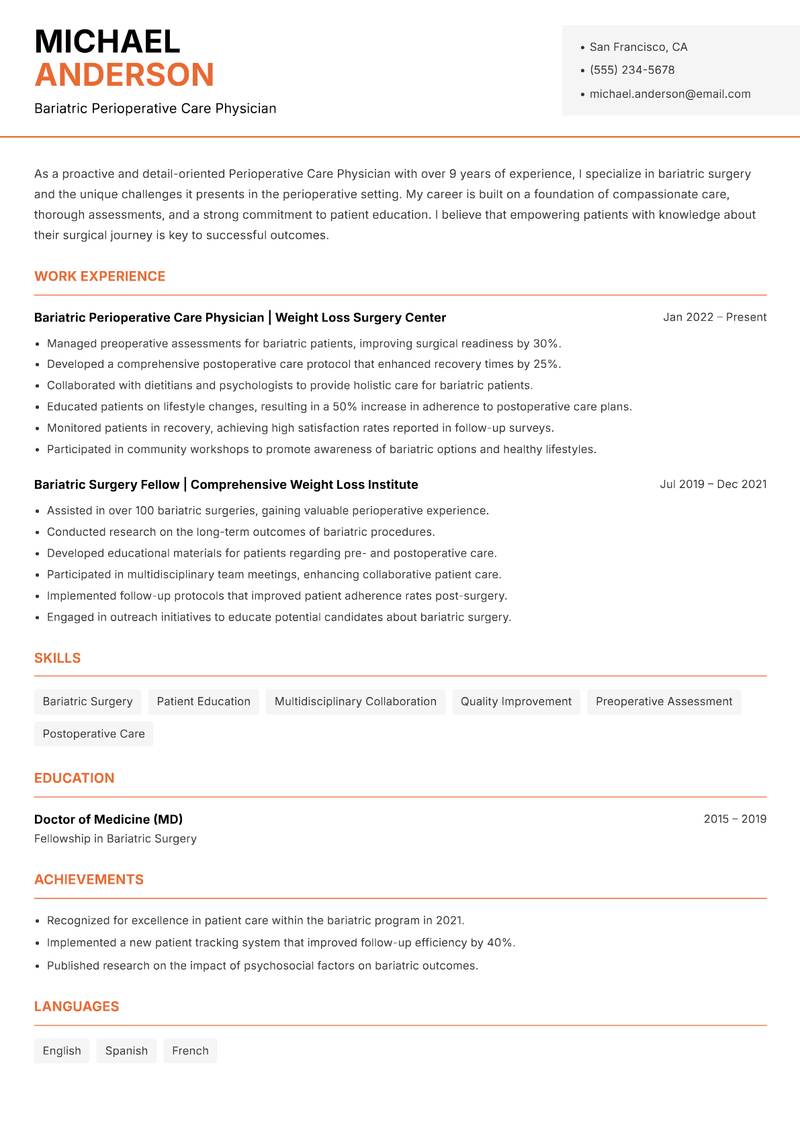 Perioperative Care Physician resume template — Modern Professional