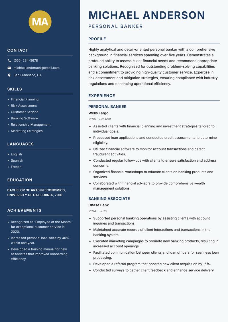 Personal Banker resume template — Classic Clean