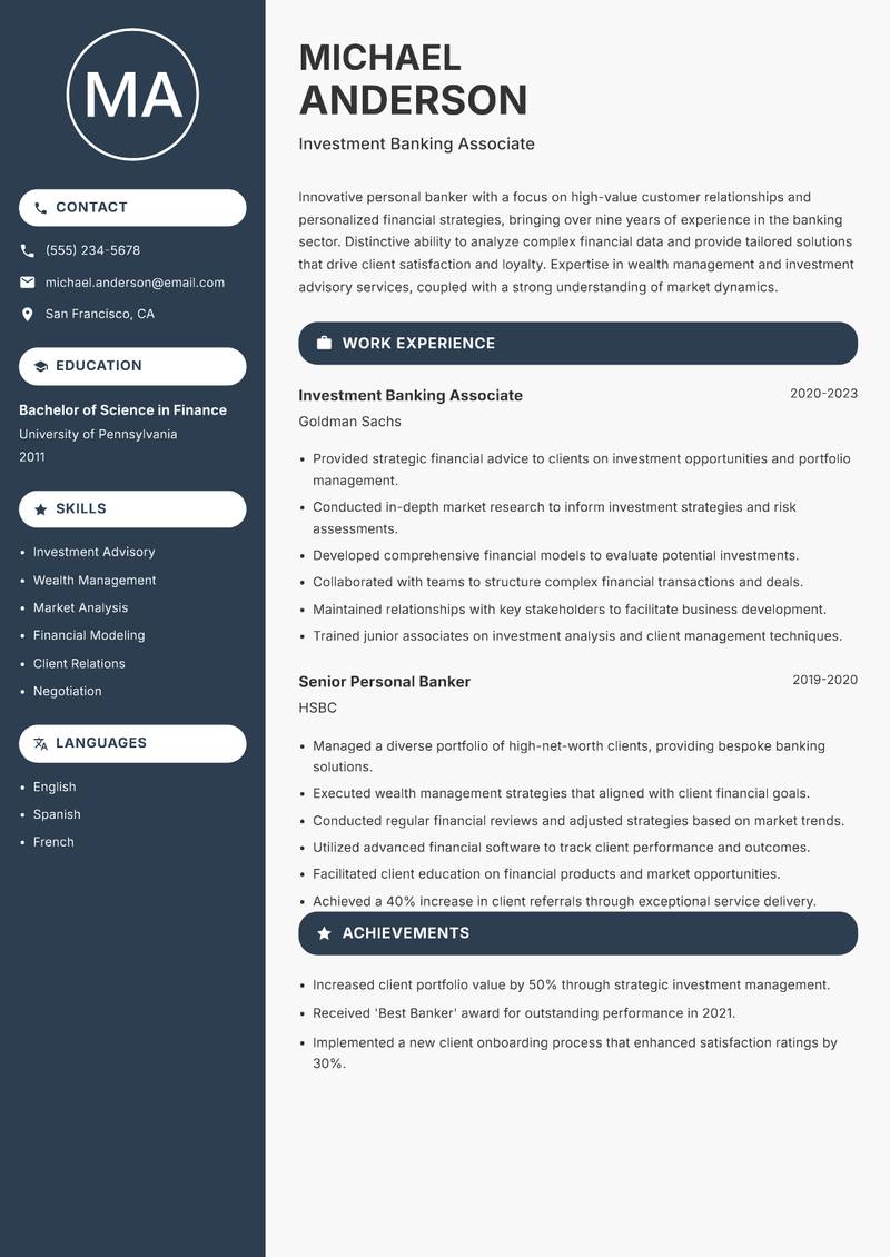 Personal Banker resume template — Compact