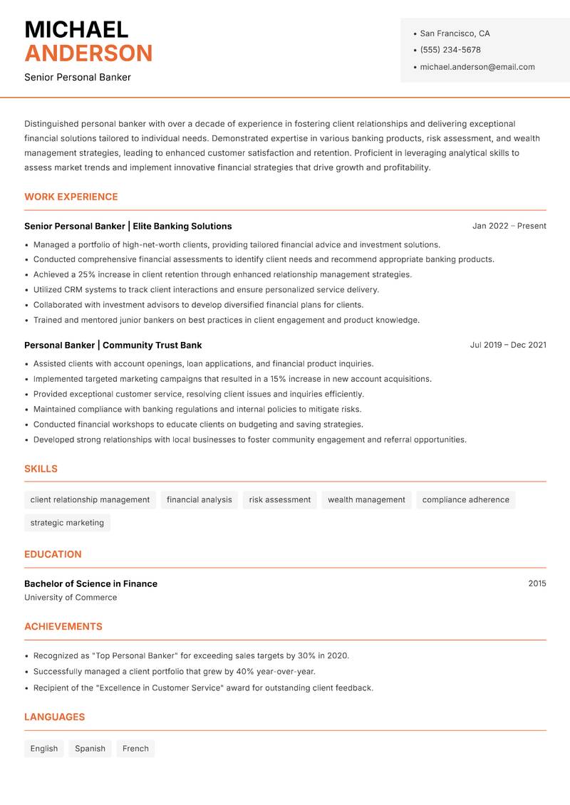 Personal Banker resume template — Modern Professional