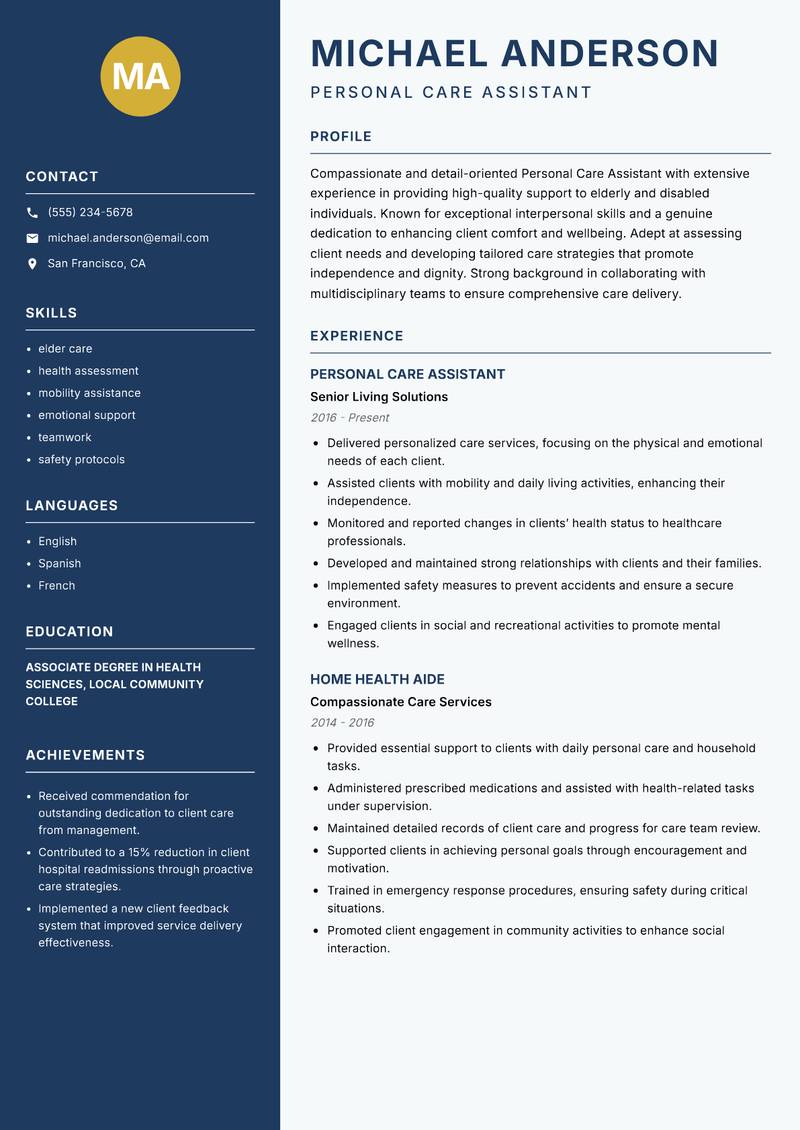 Personal Care Assistant resume template — Classic Clean