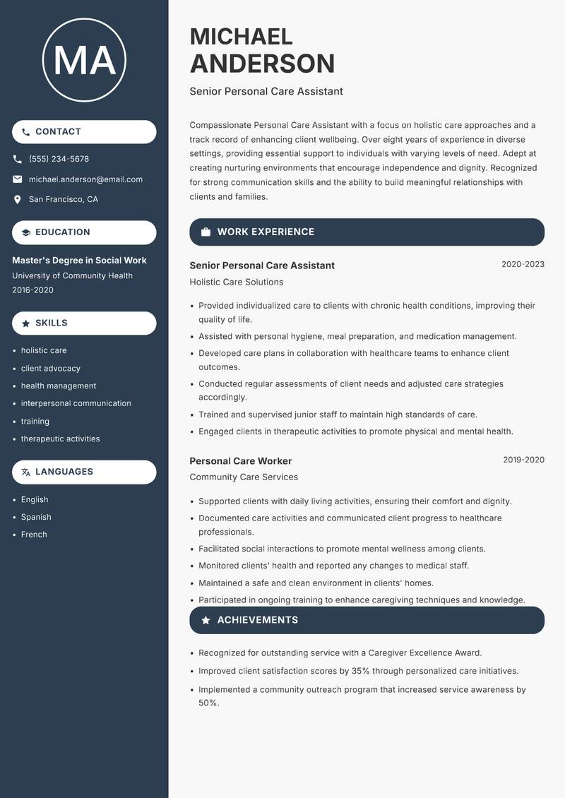 Personal Care Assistant resume template — Compact