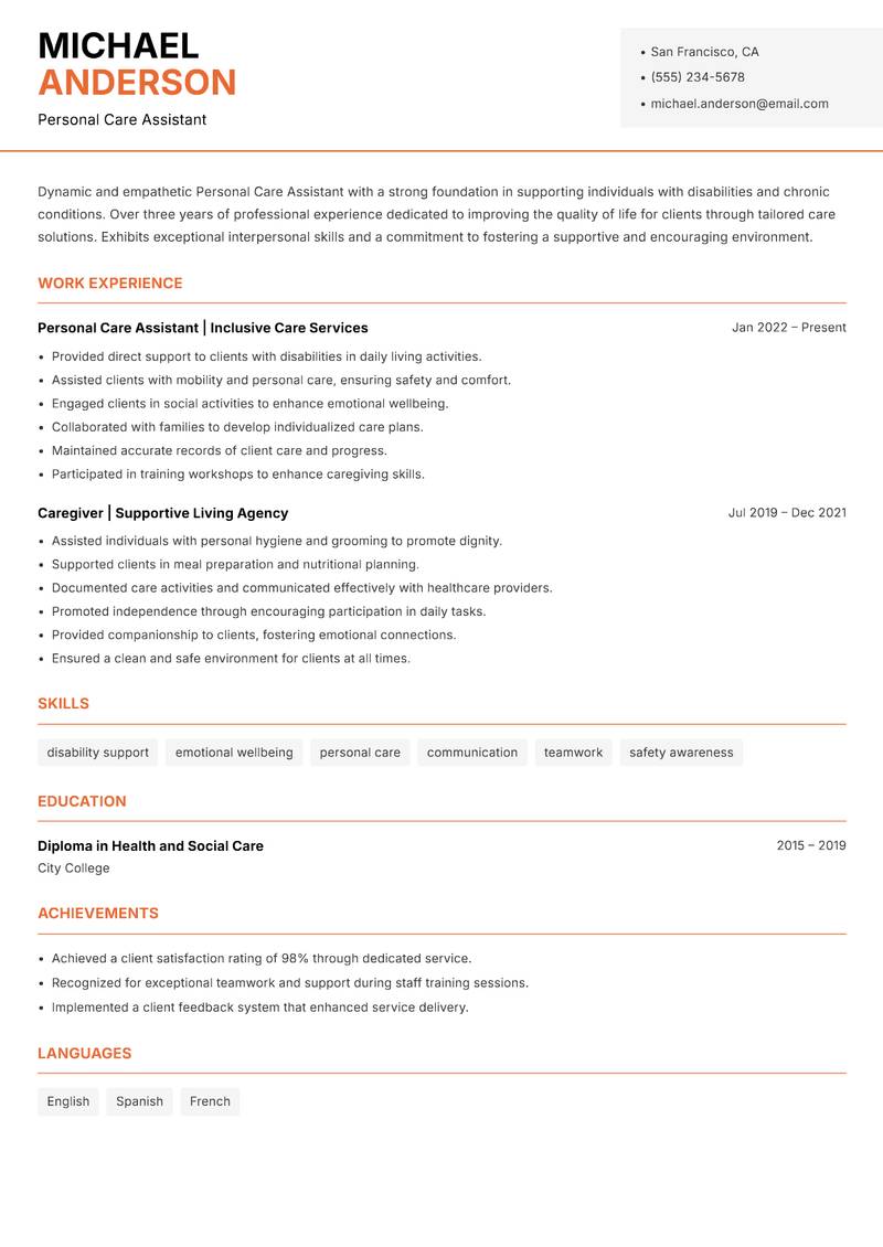 Personal Care Assistant resume template — Modern Professional