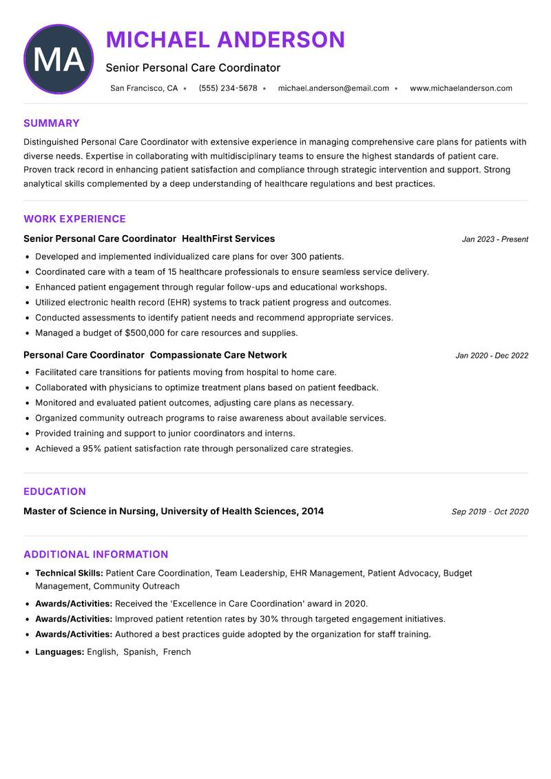 Personal Care Coordinator resume example — ATS-friendly template