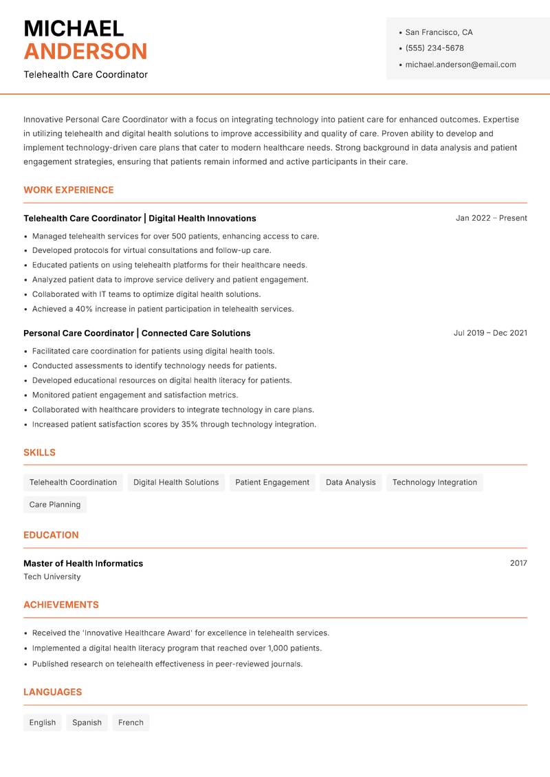 Personal Care Coordinator resume template — Modern Professional