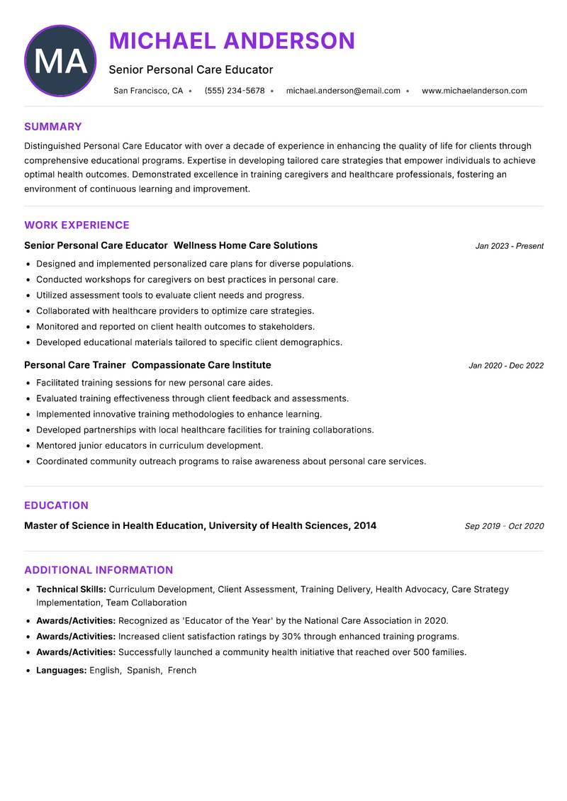 Personal Care Educator resume example — ATS-friendly template
