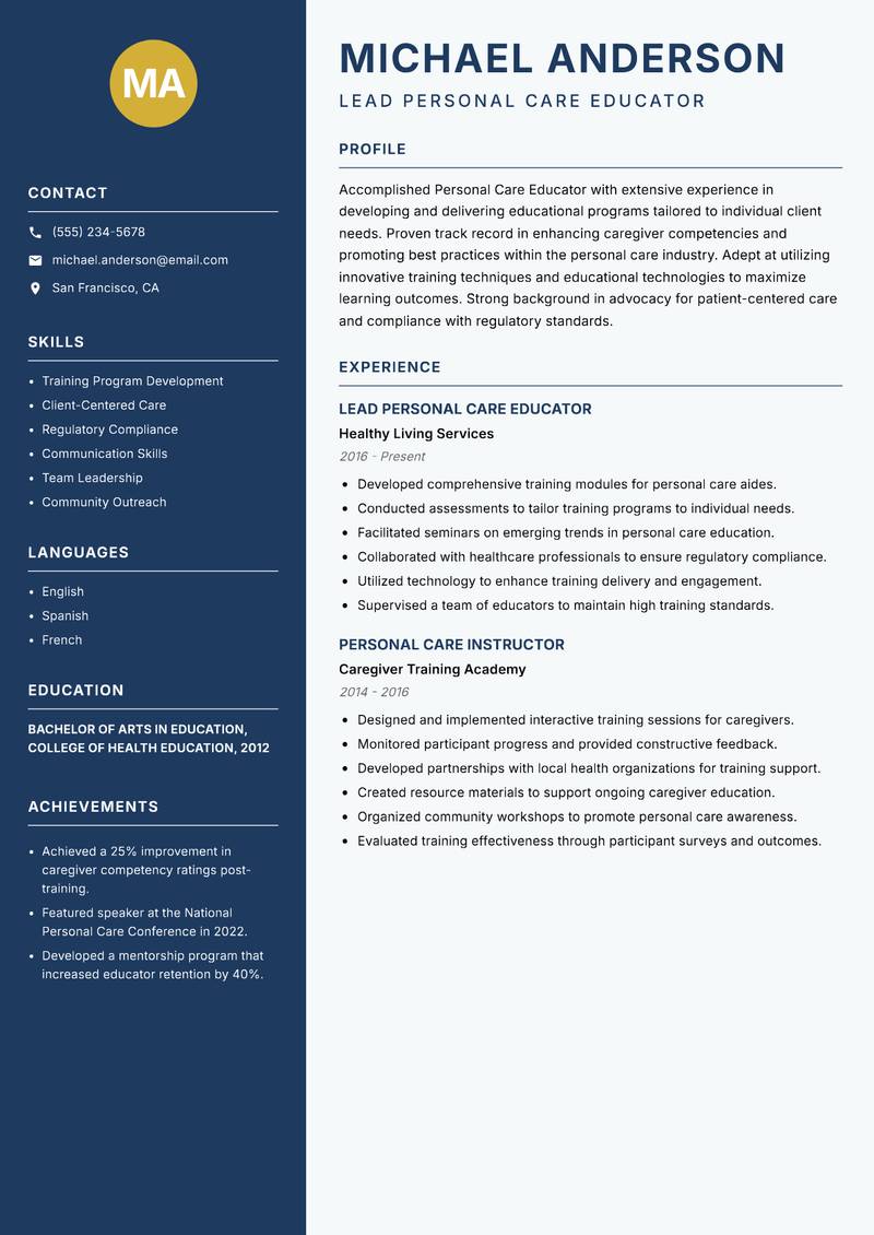 Personal Care Educator resume template — Classic Clean