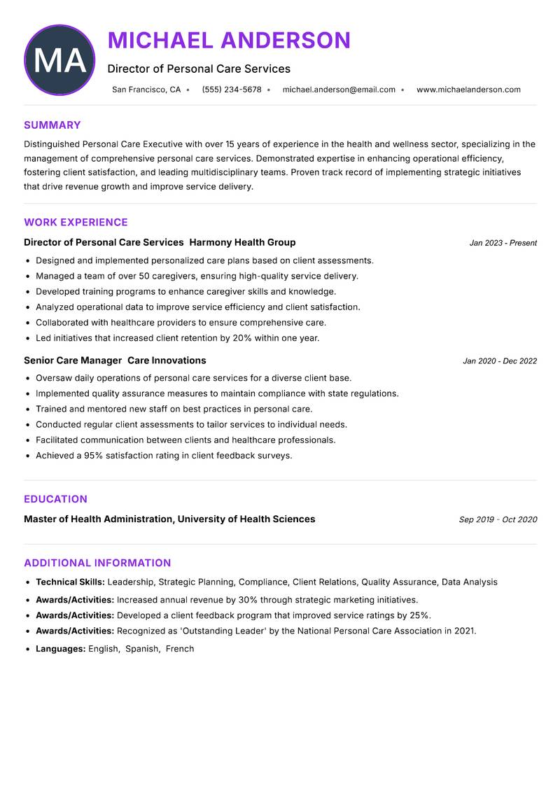 Personal Care Executive resume example — ATS-friendly template