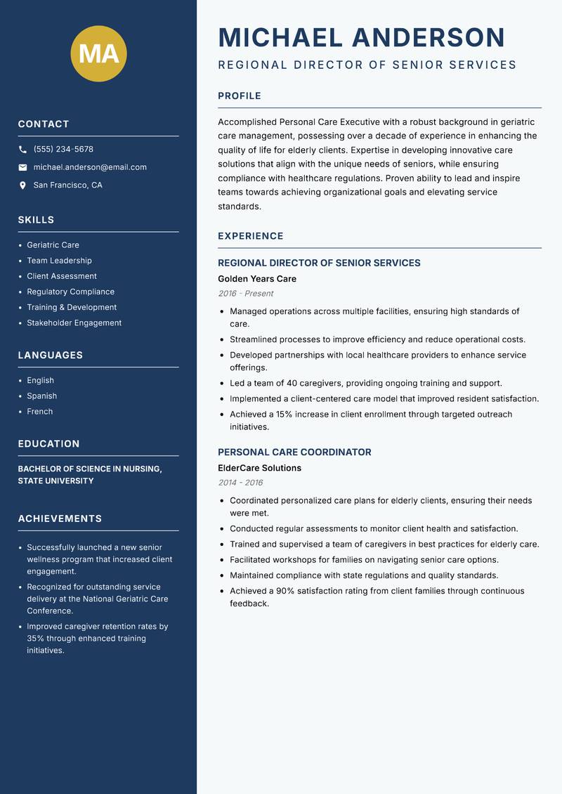 Personal Care Executive resume template — Classic Clean