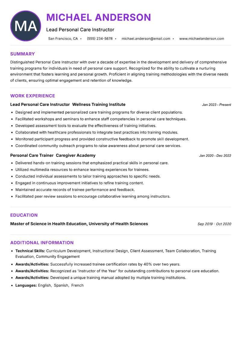 Personal Care Instructor resume example — ATS-friendly template